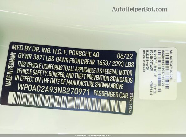 WP0AC2A93NS270971 2022 PORSCHE 911 White Շարժիչի բաժամունքի տեսք