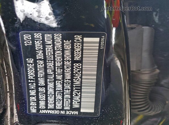 WP0AC2Y11MSA62928 2021 PORSCHE TAYCAN Черный Вид наклейки с VIN-кодом