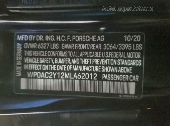 WP0AC2Y12MLA62012 2021 PORSCHE TAYCAN Черный Вид наклейки с VIN-кодом