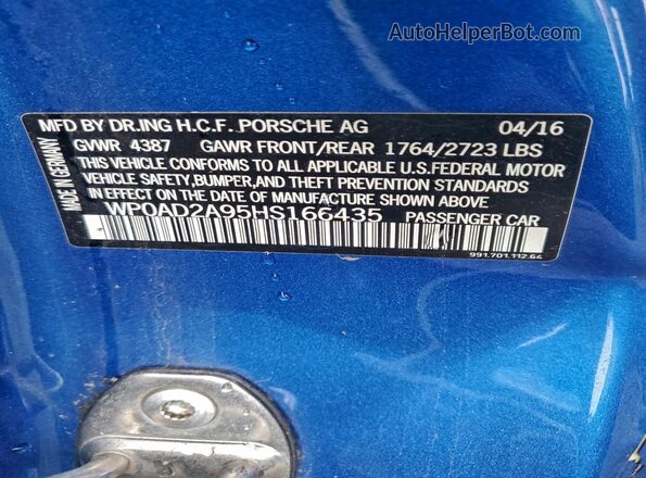 WP0AD2A95HS166435 2017 PORSCHE 911 Синий Вид подкапотного пространства