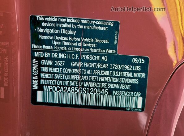 WP0CA2A85GS120546 2016 PORSCHE BOXSTER Красный Вид подкапотного пространства