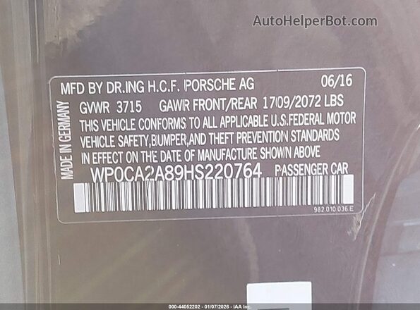 WP0CA2A89HS220764 2017 PORSCHE 718 BOXSTER Black Widok komory silnika