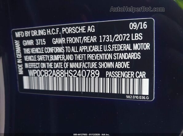 WP0CB2A88HS240789 2017 PORSCHE 718 BOXSTER Black Widok komory silnika