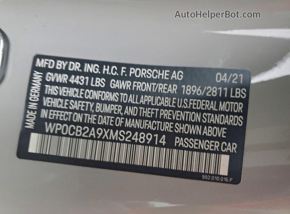 WP0CB2A9XMS248914 2021 PORSCHE 911 Silver Вид підкапотного простору