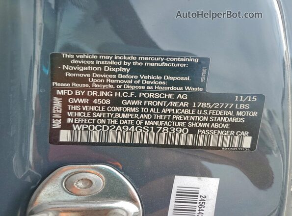 WP0CD2A94GS178390 2016 PORSCHE 911 Серый Вид наклейки с VIN-кодом
