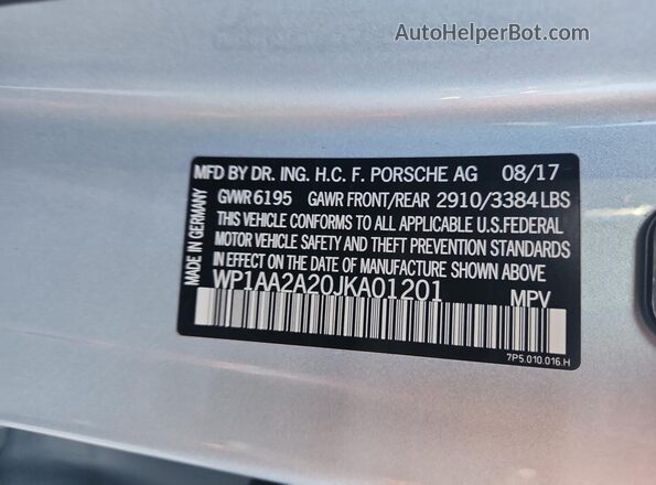 WP1AA2A20JKA01201 2018 PORSCHE CAYENNE Серебряный Вид наклейки с VIN-кодом