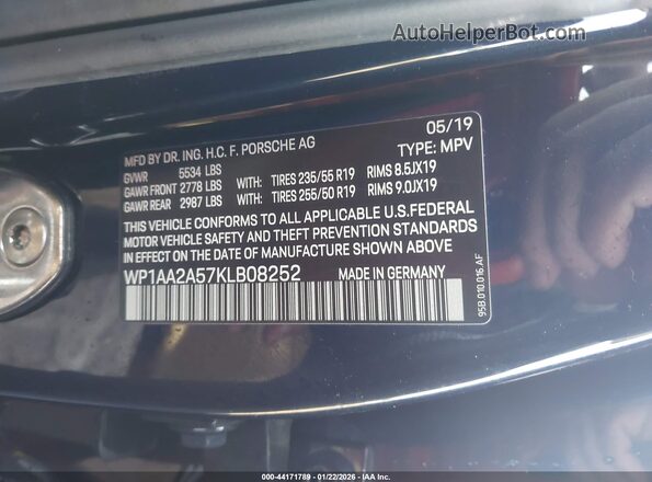 WP1AA2A57KLB08252 2019 PORSCHE MACAN Dark Blue Вид подкапотного пространства
