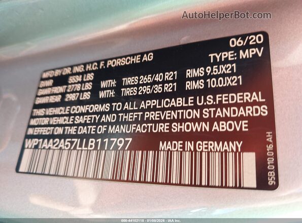 WP1AA2A57LLB11797 2020 PORSCHE MACAN Blue Вид підкапотного простору