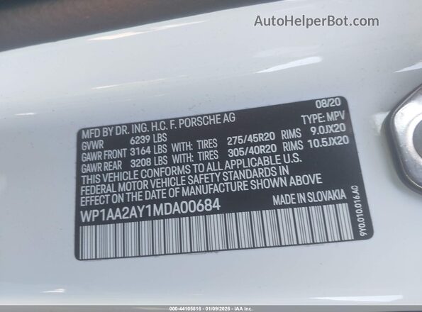 WP1AA2AY1MDA00684 2021 PORSCHE CAYENNE White Вид підкапотного простору