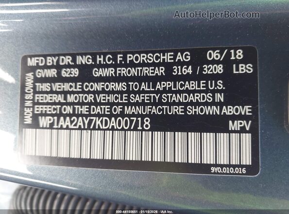 WP1AA2AY7KDA00718 2019 PORSCHE CAYENNE Blue Vista del compartimento del motor
