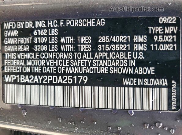 WP1BA2AY2PDA25179 2023 PORSCHE CAYENNE Gray Widok naklejki z numerem VIN