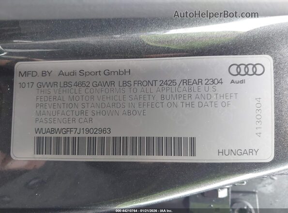 WUABWGFF7J1902963 2018 AUDI RS3 Серый Вид подкапотного пространства