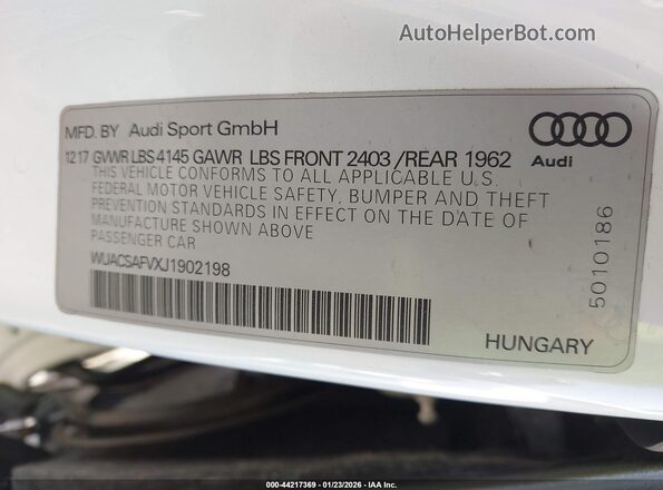 WUACSAFVXJ1902198 2018 AUDI TT Белый Вид подкапотного пространства