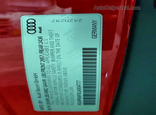 WUAPWAF56JA904777 2018 AUDI RS5 Красный Вид наклейки с VIN-кодом