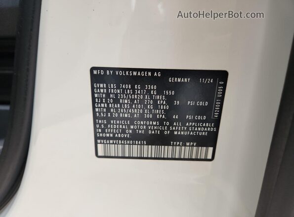 WVGAWVEB4SH018415 2025 VOLKSWAGEN ID White VIN კოდის სტიკერის ხედი