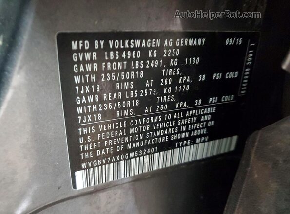 WVGBV7AX0GW532401 2016 VOLKSWAGEN TIGUAN Угольный Вид наклейки с VIN-кодом