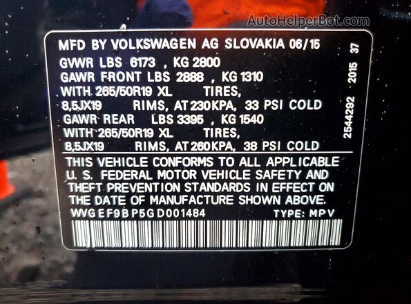 WVGEF9BP5GD001484 2016 VOLKSWAGEN TOUAREG Черный Вид наклейки с VIN-кодом