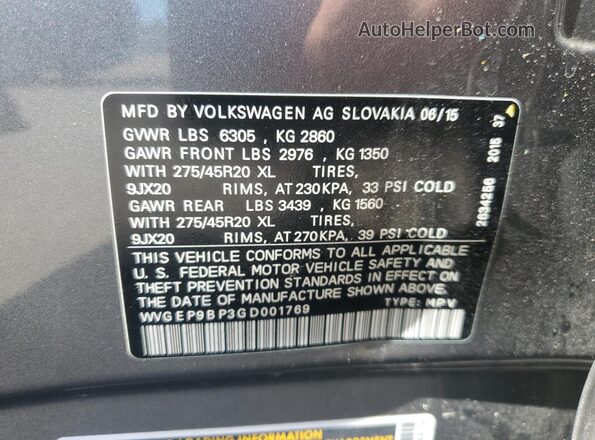 WVGEP9BP3GD001769 2016 VOLKSWAGEN TOUAREG Серый Вид наклейки с VIN-кодом