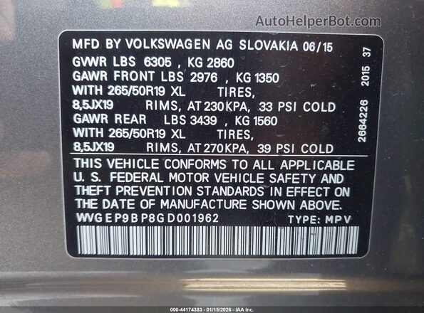 WVGEP9BP8GD001962 2016 VOLKSWAGEN TOUAREG Серый Вид подкапотного пространства