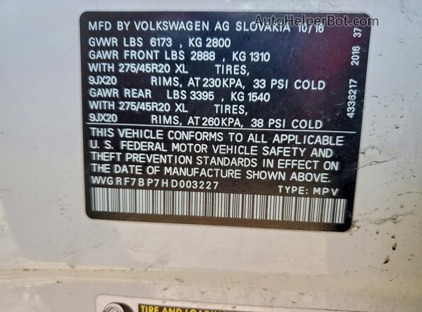 WVGRF7BP7HD003227 2017 VOLKSWAGEN TOUAREG Белый Вид подкапотного пространства