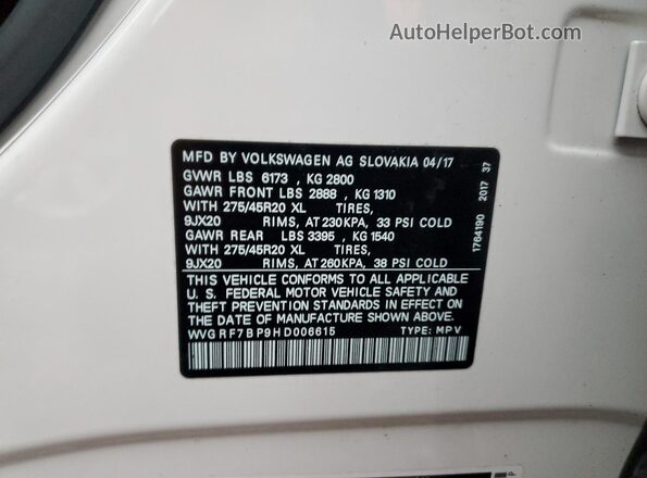 WVGRF7BP9HD006615 2017 VOLKSWAGEN TOUAREG Белый Вид наклейки с VIN-кодом