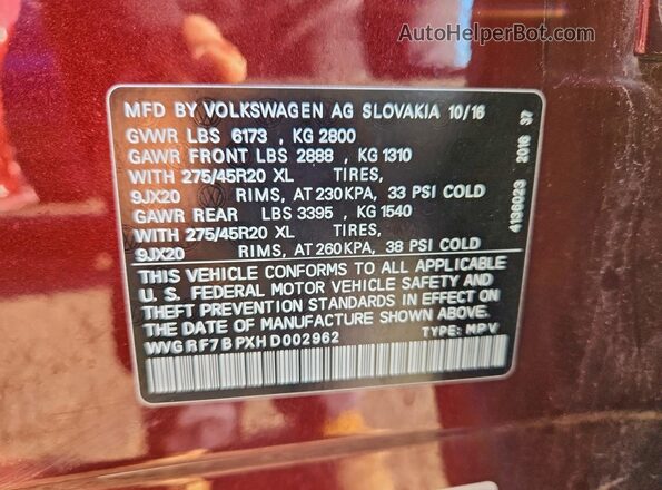 WVGRF7BPXHD002962 2017 VOLKSWAGEN TOUAREG Темно-бордовый Вид подкапотного пространства