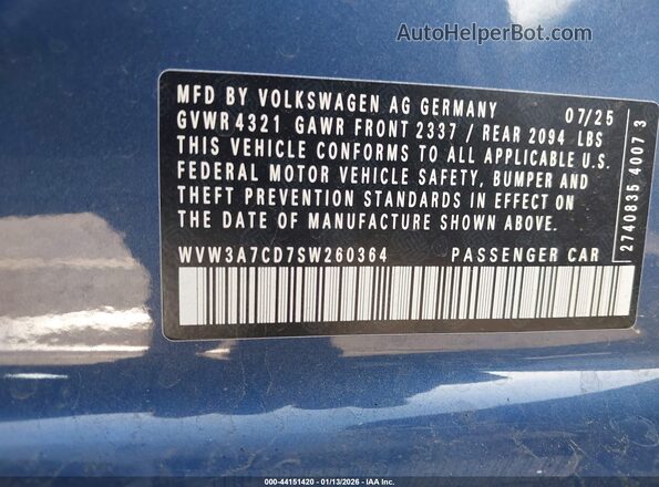 WVW3A7CD7SW260364 2025 VOLKSWAGEN GOLF Blue ძრავის განყოფილების ხედი