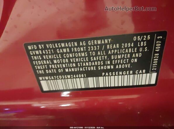 WVWSA7CD3SW244061 2025 VOLKSWAGEN GOLF Red Շարժիչի բաժամունքի տեսք