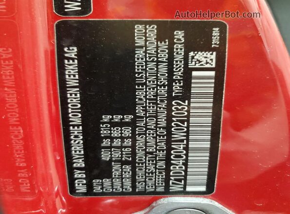 WZ1DB4C04LW021032 2020 TOYOTA SUPRA Красный Вид подкапотного пространства