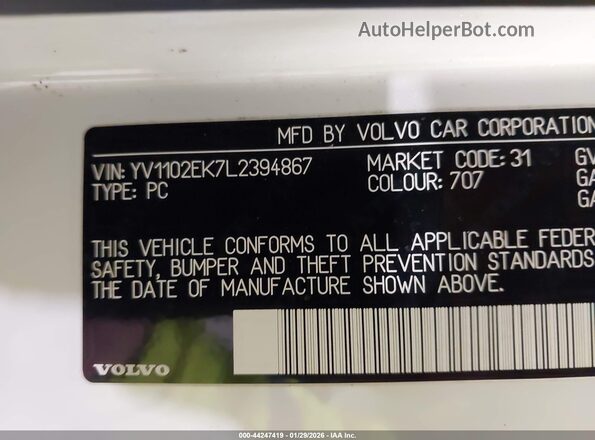 YV1102EK7L2394867 2020 VOLVO V60 White Widok komory silnika