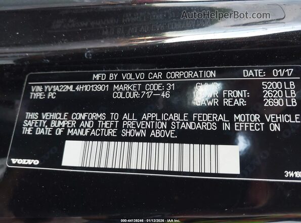 YV1A22ML4H1013901 2017 VOLVO S90 Черный Вид наклейки с VIN-кодом