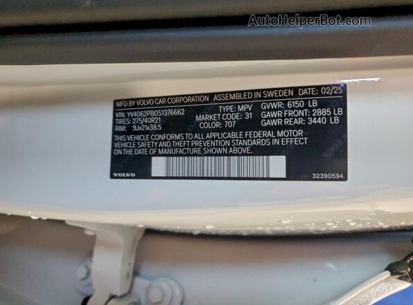 YV4062PB0S1376662 2025 VOLVO XC90 White Вид наклейки з VIN-кодом