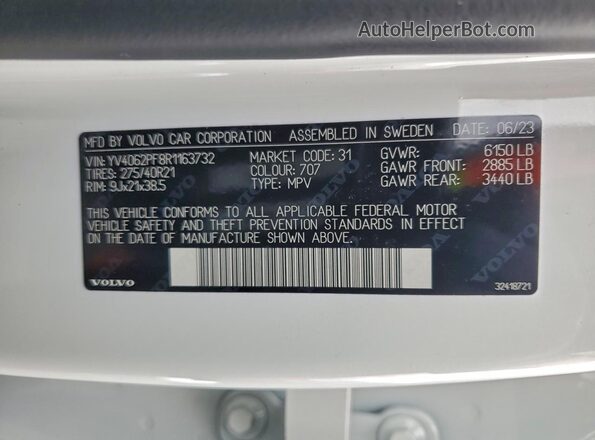 YV4062PF8R1163732 2024 VOLVO XC90 Белый Вид наклейки с VIN-кодом