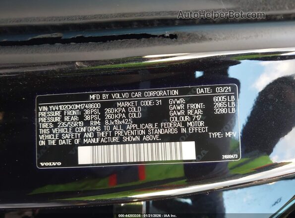 YV4102CK0M1748600 2021 VOLVO XC90 Black Вид підкапотного простору