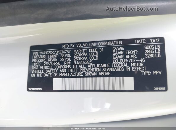 YV4102CK7J1334757 2018 VOLVO XC90 Белый Вид подкапотного пространства