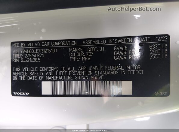 YV4H60LE7R1215100 2024 VOLVO XC90 RECHARGE PLUG-IN HYBRID Белый Вид подкапотного пространства