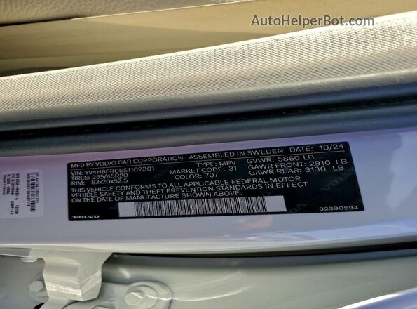 YV4H60RC6S1102301 2025 VOLVO XC60 Белый Вид наклейки с VIN-кодом