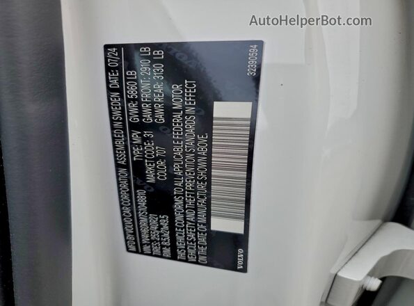 YV4H60RM7S1048810 2025 VOLVO XC60 White Widok naklejki z numerem VIN