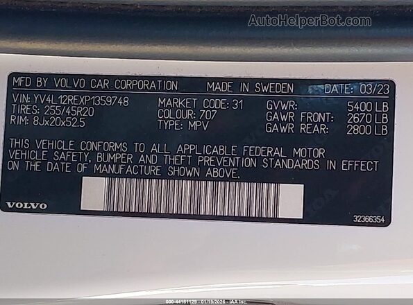 YV4L12REXP1359748 2023 VOLVO XC60 Белый Вид подкапотного пространства