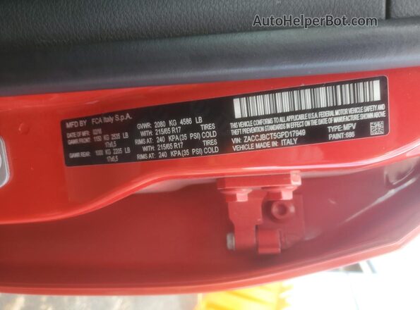 ZACCJBCT5GPD17949 2016 JEEP RENEGADE Красный Вид наклейки с VIN-кодом