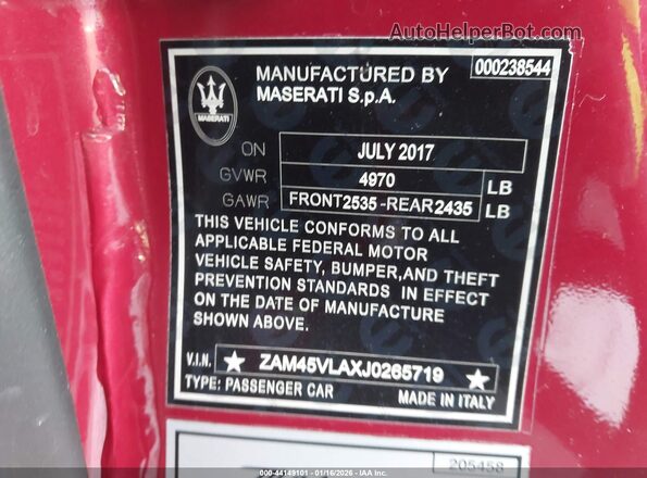ZAM45VLAXJ0265719 2018 MASERATI GRANTURISM Red Widok komory silnika