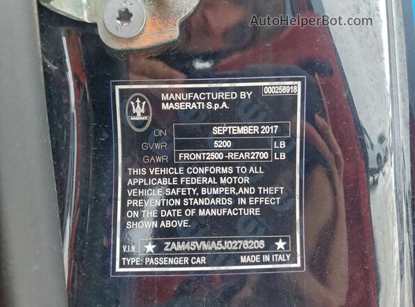 ZAM45VMA5J0276206 2018 MASERATI GRANTURISM Blue ძრავის განყოფილების ხედი