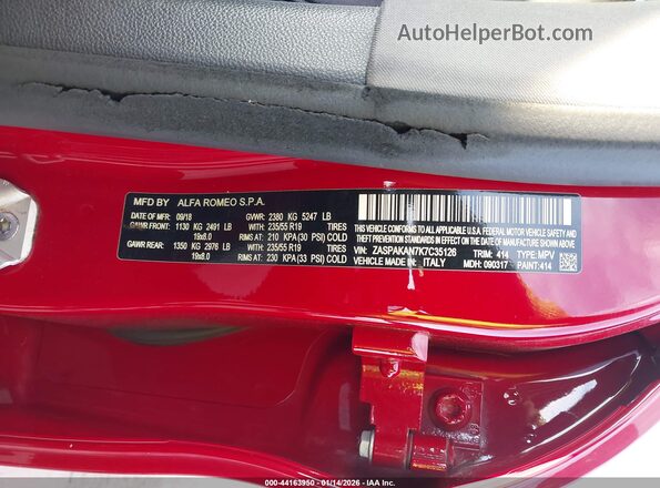 ZASPAKAN7K7C35126 2019 ALFA ROMEO STELVIO Красный Вид подкапотного пространства