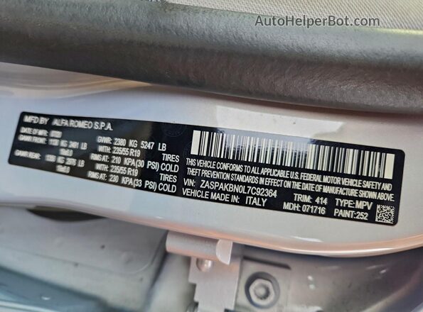 ZASPAKBN0L7C92364 2020 ALFA ROMEO STELVIO Серебряный Вид наклейки с VIN-кодом