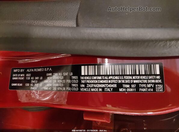 ZASPAKBN9N7D49406 2022 ALFA ROMEO STELVIO Красный Вид подкапотного пространства