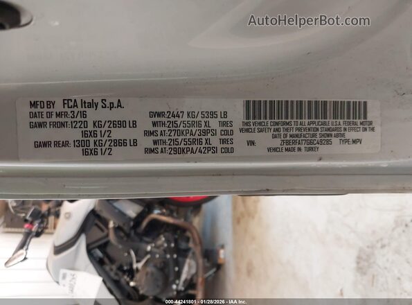 ZFBERFAT7G6C49285 2016 RAM PROMASTER CITY White Вид підкапотного простору