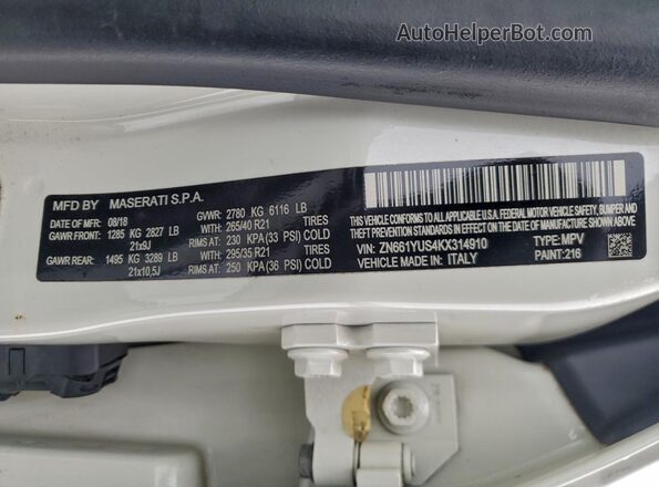 ZN661YUS4KX314910 2019 MASERATI LEVANTE Белый Вид наклейки с VIN-кодом