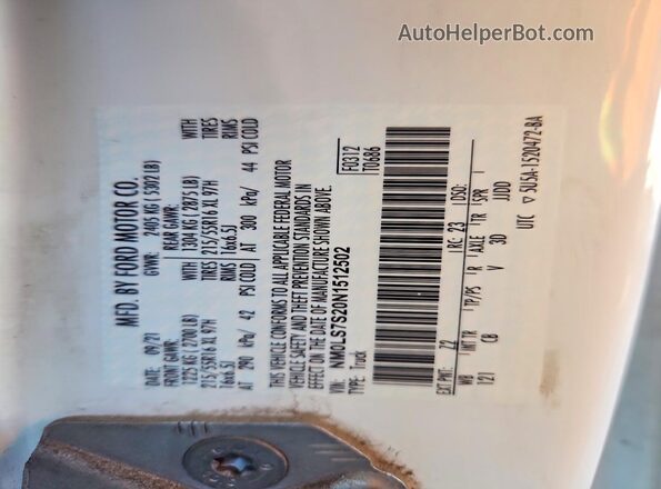 NM0LS7S20N1512502 2022 FORD TRANSIT Белый Вид наклейки с VIN-кодом