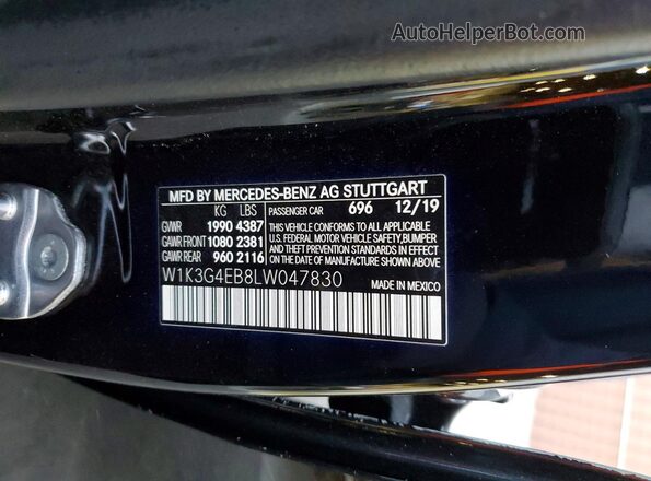 W1K3G4EB8LW047830 2020 MERCEDES-BENZ A Black Widok naklejki z numerem VIN