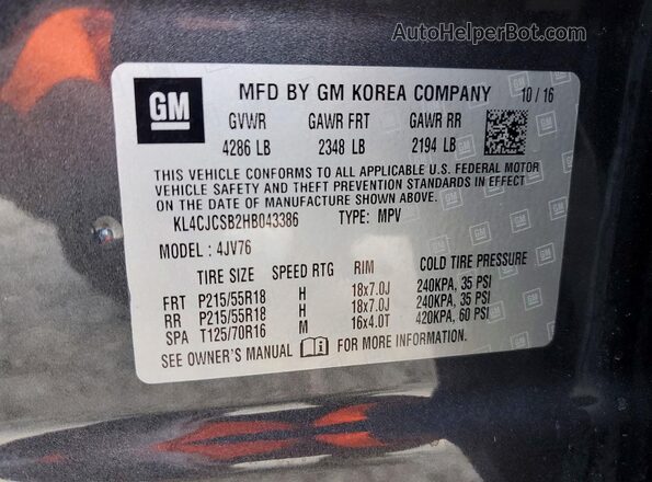 KL4CJCSB2HB043386 2017 BUICK ENCORE Gray Вид наклейки з VIN-кодом